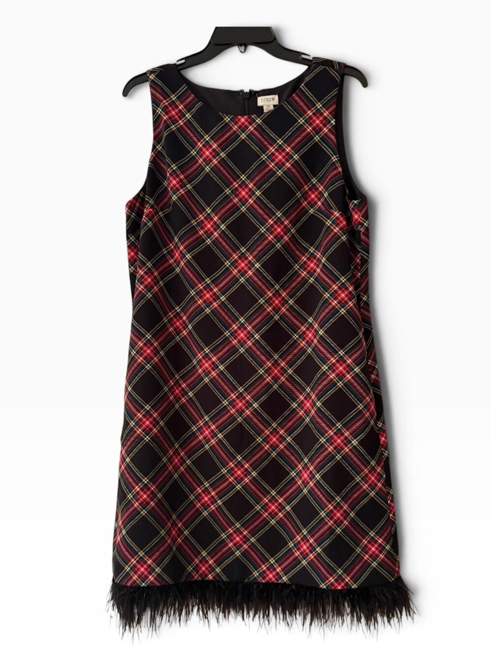 J Crew Tartan Plaid Sleeveless Dress Black Feather Hem Size 12 Festive Christmas